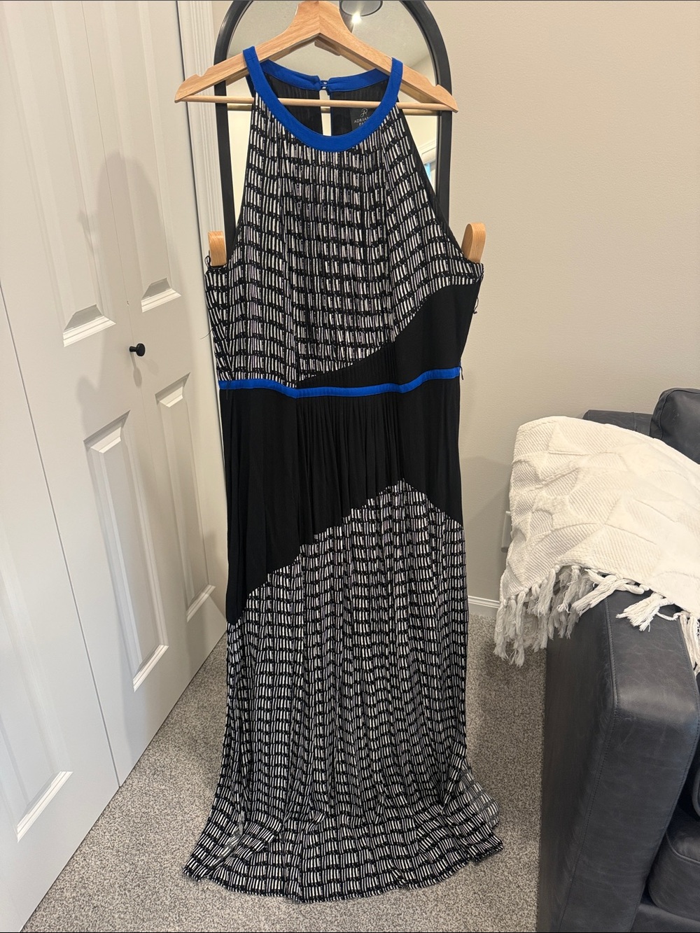 Adrianna Papell Black & Blue Patterned Maxi Dress, halter neckline